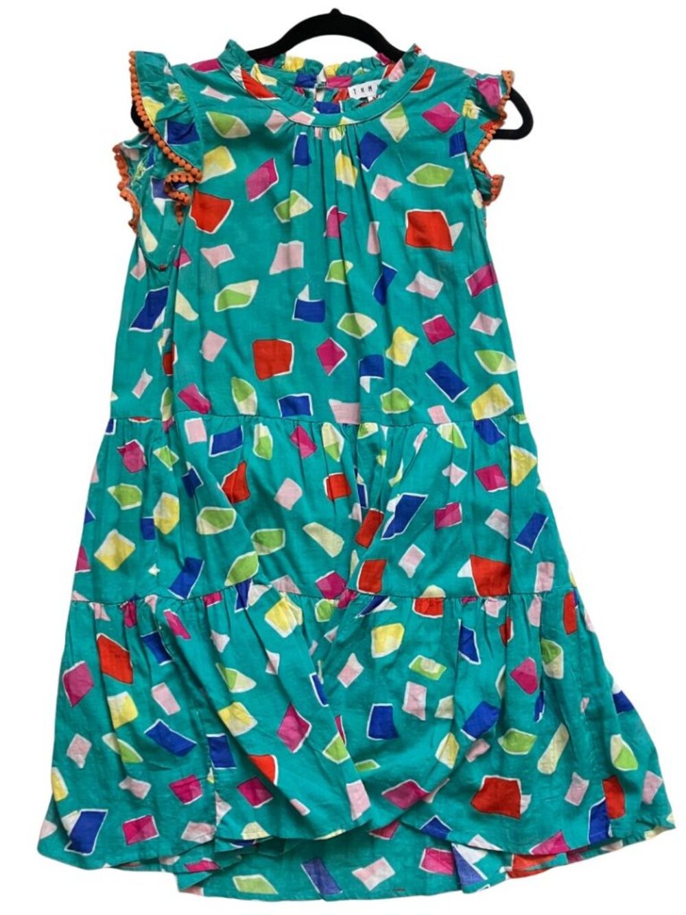 NEW THML Flowy Tunic Dress Teal Abstract Geometric Pom Pom Sleeves Medium